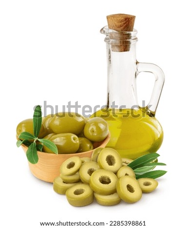 A glass bottle with olive oil isolated on a white background