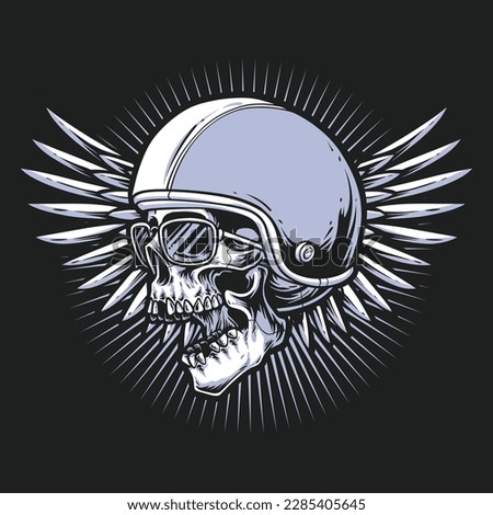 skull biker head logo wearing retro helmet with wings