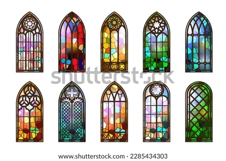 Gothic stained glass windows. Church medieval arches. Catholic cathedral mosaic frames. Old architecture design. Vector set. Royalty-Free Stock Photo #2285434303
