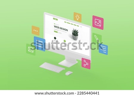 Designing a creative website concept. Display in isometric position with web page modules flying around the display on a green background