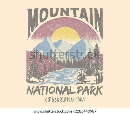 Mention adventure vintage print design for t shirt and others. National park graphic artwork for sticker, poster, background. Royalty-Free Stock Photo #2285440987