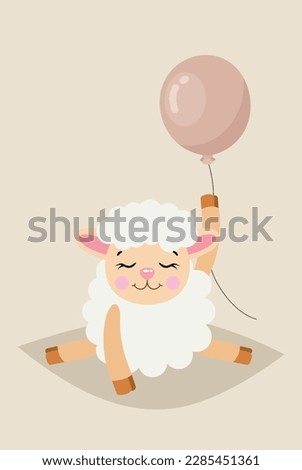 Cute illustration with adorable lamb sheep holding a balloon

