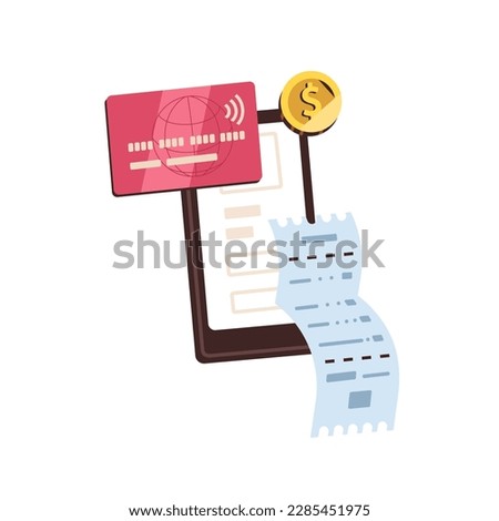 Online payment with mobile phone and plastic credit debit card. Paying with electronic money, smartphone, bank app. Internet transaction receipt. Flat vector illustration isolated on white background