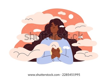Happy woman dreaming among clouds. Happiness, bliss, psychology harmony concept. Peace, mental health, belief. Carefree tranquil girl. Flat graphic vector illustration isolated on white background Royalty-Free Stock Photo #2285451995
