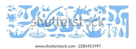 Water splashes, drops set. Aqua in motion, blue liquid falling, dripping, flowing. Droplets, splatters, fresh clean fluids, sprays, ripples. Flat vector illustrations isolated on white background