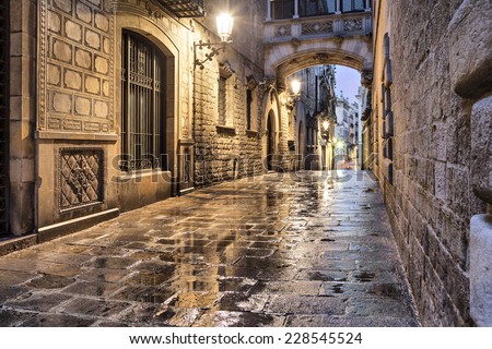 Narrow street Carrer del Bisbe in gothic quarter, Barcelona, Spain Royalty-Free Stock Photo #228545524
