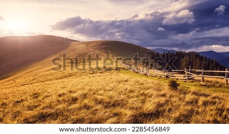 Splendid nature landscape during sunset. Stunning mountain scenery with picturesque sky. Amazing natural background. Picture of wild area. Unsurpassed sunrise in the Carpathian mountains