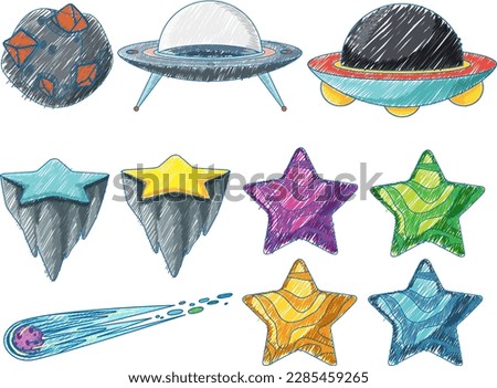 Space Objects in Pencil Colour Sketch Simple Style illustration