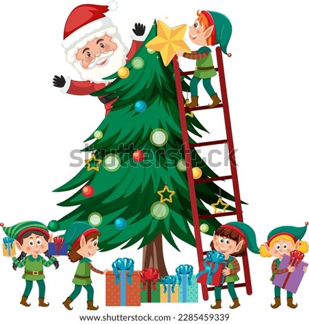 Children in elf costume and Santa Claus decorating Christmas tree illustration