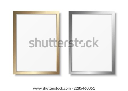 Vector 3d Realistic Yellow and Gray Metal, Golden, Silver Color Decorative Vintage Frame Set, Border Icon Closeup Isolated. Vertical A4, A5 Photo Frame Design Template for Picture, Border Design Royalty-Free Stock Photo #2285460051