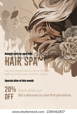 Abstract flayer for a beauty salon with curly hair and flowers. Vector conceptual design