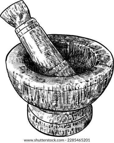 Black and white hand drawn illustration of a mortar and pestle