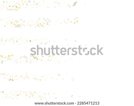 Music notes symbols flying vector design. Notation melody record classic icons. Popular music studio background. Gold metallic melody sound notes signs.