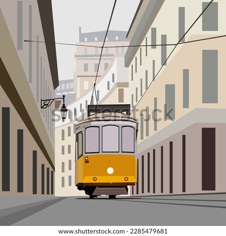 vector illustration depicting an old yellow tram on a city street for the design of illustrations, interiors and scenes in vintage style Royalty-Free Stock Photo #2285479681