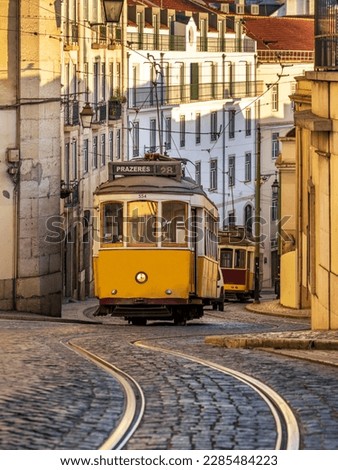 Vintage trams on Calçada São Francisco in the Chiado district, Lisbon, Portugal. Royalty-Free Stock Photo #2285484223