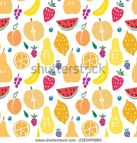 Fruit seamless pattern, collection of juicy fruits, apple, pear, strawberry, orange slice, peach, plum, banana, watermelon, papaya, grapes, lemon and berries background, illustration.