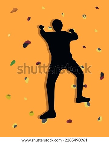 Vector isolated illustration of a man on a climbing wall. Silhouette of a person on a climbing wall. Training for climbers. Bouldering.