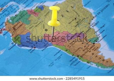 A Yellow Pin on Bolivia of the World Map, Travel Planning: Discovering Bolivia, Location La Paz