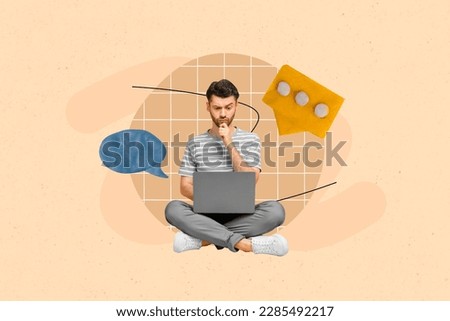 Collage picture of thoughtful guy use netbook think dialogue message bubble isolated on painted beige background