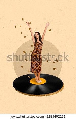 Creative template collage of beautiful pop star lady enjoying dance singing on turntable plate greeting fans with confetti