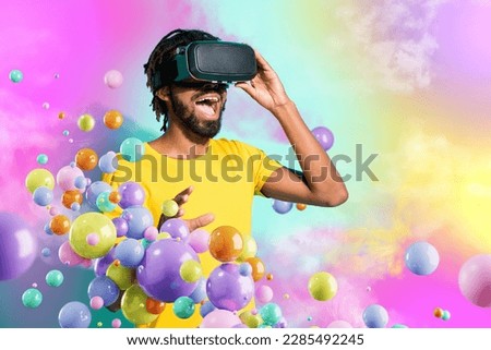 Composite collage picture of excited funky guy experience virtual reality goggles interact metaverse flying blob bubble isolated on colorful background