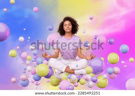 Creative collage picture of peaceful girl meditate floating colorful bubbles isolated on painted background