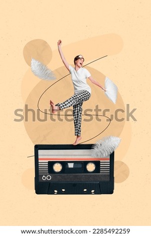 Collage 3d pinup pop retro sketch image of funny funky lady having fun pajama party isolated painting background