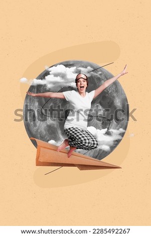 Collage artwork graphics picture of excited funky lady flying moon paper plane isolated painting background