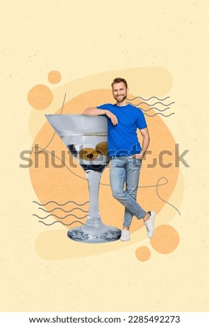 Vertical collage image of mini cheerful guy lean huge alcohol cocktail glass isolated on drawing beige background
