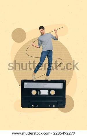 Creative banner poster collage of active young guy miniature listen jazz melody on tape record dancing discotheque