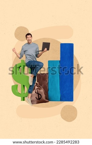 Vertical collage image of delighted excited guy use netbook raise fist celebrate accomplishment plasticine money symbol growing charts