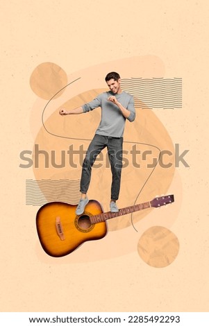 Vertical collage picture of cheerful mini guy stand dancing big acoustic guitar isolated on beige background