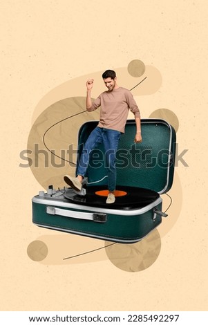 Vertical collage picture of cheerful mini guy enjoy dancing stand huge vinyl record player isolated on creative background Royalty-Free Stock Photo #2285492297