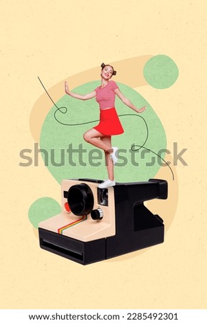 Vertical collage image of excited mini girl stand huge photo camera dancing isolated on drawing beige background