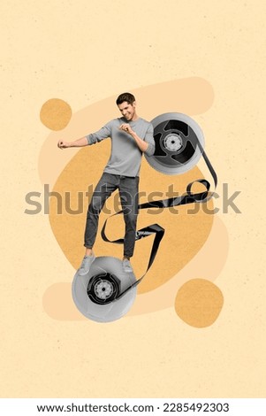 Vertical collage portrait of overjoyed mini guy dancing big retro tape recorder cassette isolated on drawing beige background