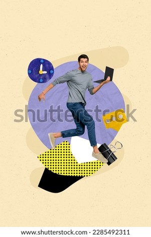 Vertical collage picture of excited guy hold use netbook run jump plasticine watch clock message notification isolated on painted background