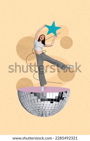 Creative banner poster collage of funny young lady catch star famous celebrity visit dance floor night clubs disco ball Royalty-Free Stock Photo #2285492321
