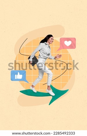 Vertical collage picture of excited positive girl hold netbook running receive like notification isolated on beige background