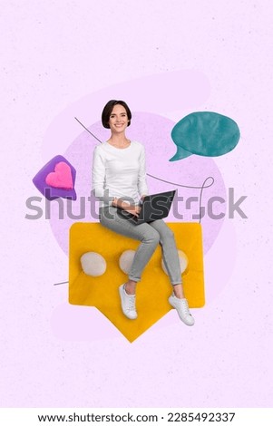 Vertical collage picture of positive mini girl use netbook receive huge message notification icon like dialogue Royalty-Free Stock Photo #2285492337