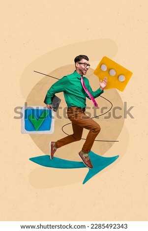 Photo collage artwork minimal picture of confident guy put check marks successful tasks fulfilling aims isolated drawing background