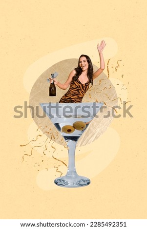 Creative magazine banner collage of cheerful lady celebrate holiday event feel drunk drink martini sparkling wine