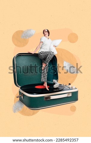 Artwork magazine collage picture of smiling funny lady listening music before going sleep isolated drawing background