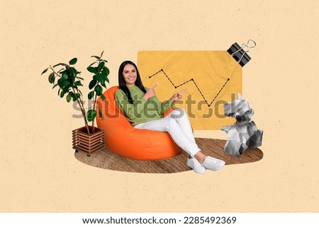 Template picture magazine collage of financial expert lady sitting bean bag chair present business progress plan