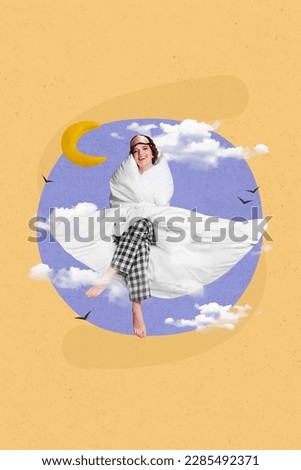 Photo collage artwork minimal picture of funny dreamy lady flying sky covering blanket isolated drawing background