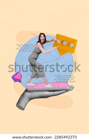 Exclusive picture sketch collage image of excited lady getting sms instagram twitter telegram facebook isolated painting background