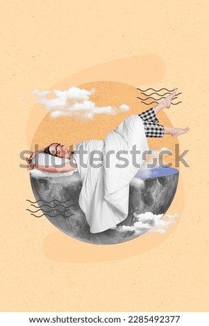 Photo cartoon comics sketch collage picture of smiling happy lady sleeping half moon isolated drawing background