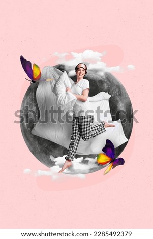 Creative retro 3d magazine collage image of excited lady catching dream butterflies isolated painting background