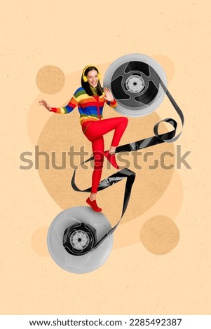 Creative surreal image collage of active youth lady listen headset rhythm music using tape record