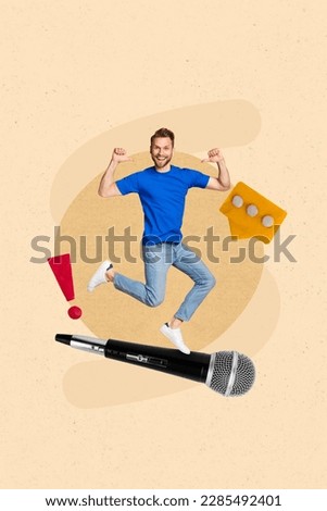 Vertical collage portrait of excited mini guy point fingers himself big microphone exclamation mark comment message notification