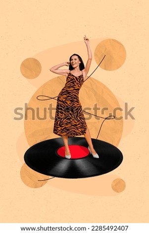 Template image creative collage of glamour young lady enjoy have fun party dancing on turntable plate vinyl